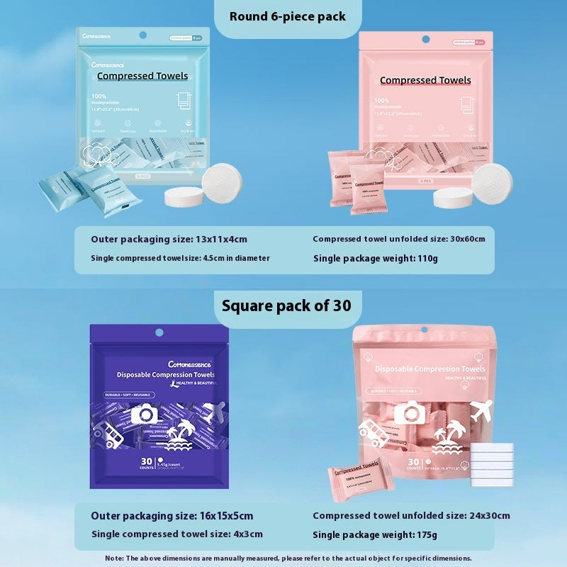 KTX-068051 Round Compressed Towel Set - 6 Pack in Blue and Pink, 30 x 60 cm, Plant Fiber