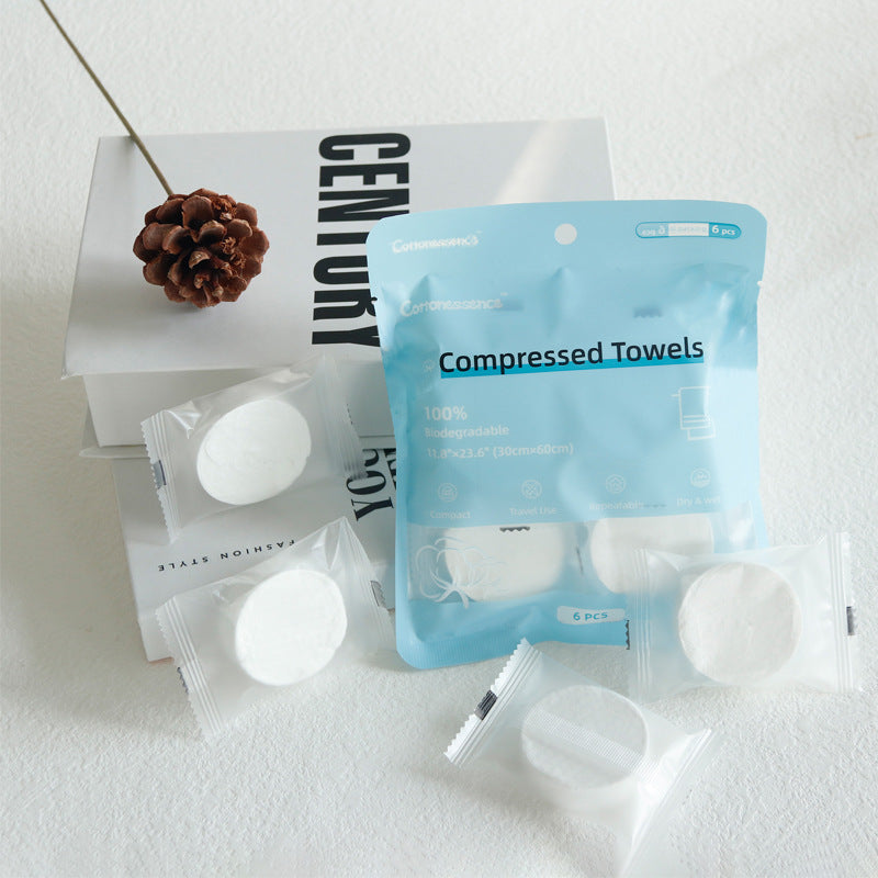 KTX-068051 Round Compressed Towel Set - 6 Pack in Blue and Pink, 30 x 60 cm, Plant Fiber