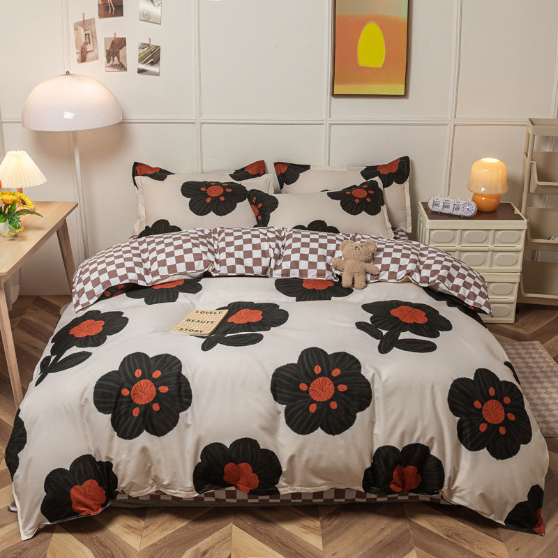KTX-069779 Modern Plant and Flower Fitted Sheet and Quilt Cover Bed Set - Four Piece Bedding Set