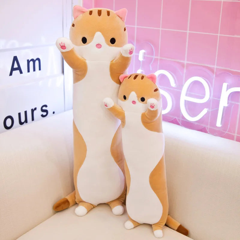 KTX-070035 Cute Cartoon Cat Plush Pillow - Soft Long Cat Stuffed Toy for Kids, Home Decoration - Available in Various Sizes