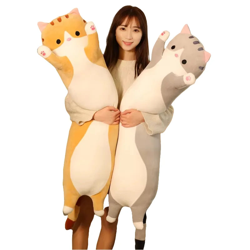 KTX-070035 Cute Cartoon Cat Plush Pillow - Soft Long Cat Stuffed Toy for Kids, Home Decoration - Available in Various Sizes