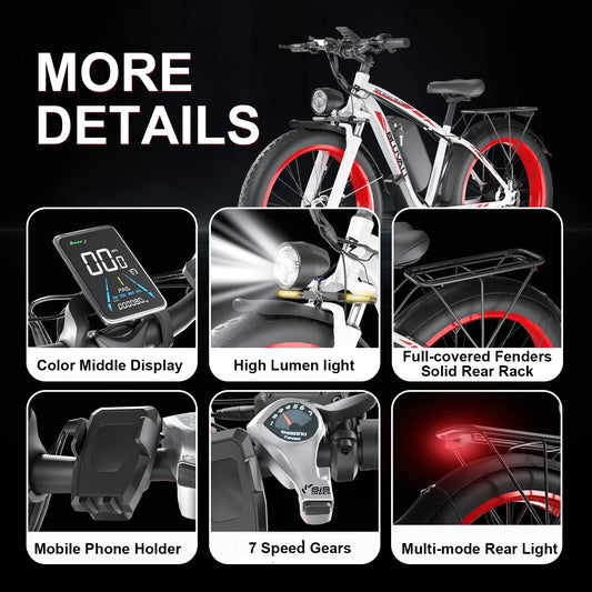 KTX-071635 26" 4.0 Fat Tire Electric Bike with 1000W Motor, 48V Lithium Battery, 7-Speed Gears, and Hydraulic Disc Brakes