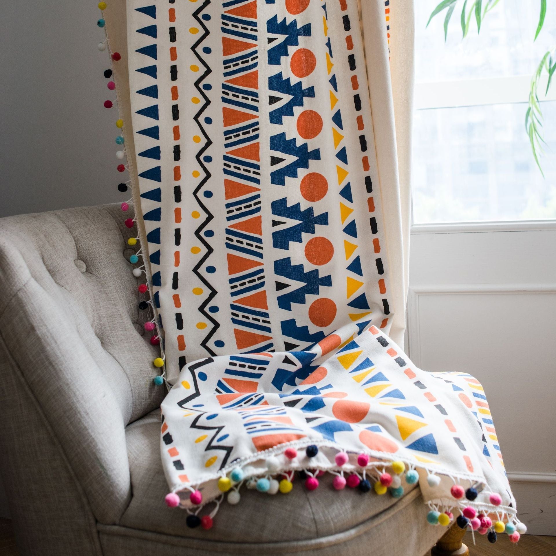 KTX-071635 Colorful Cotton and Linen Bohemian Style Printed Curtain with Geometric Fur Balls