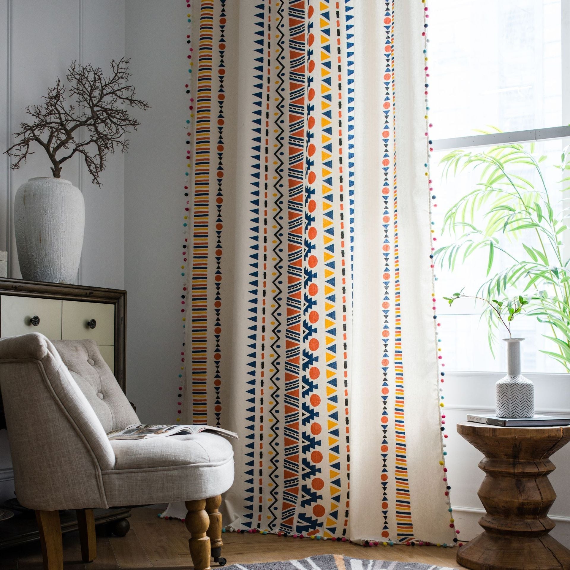 KTX-071635 Colorful Cotton and Linen Bohemian Style Printed Curtain with Geometric Fur Balls