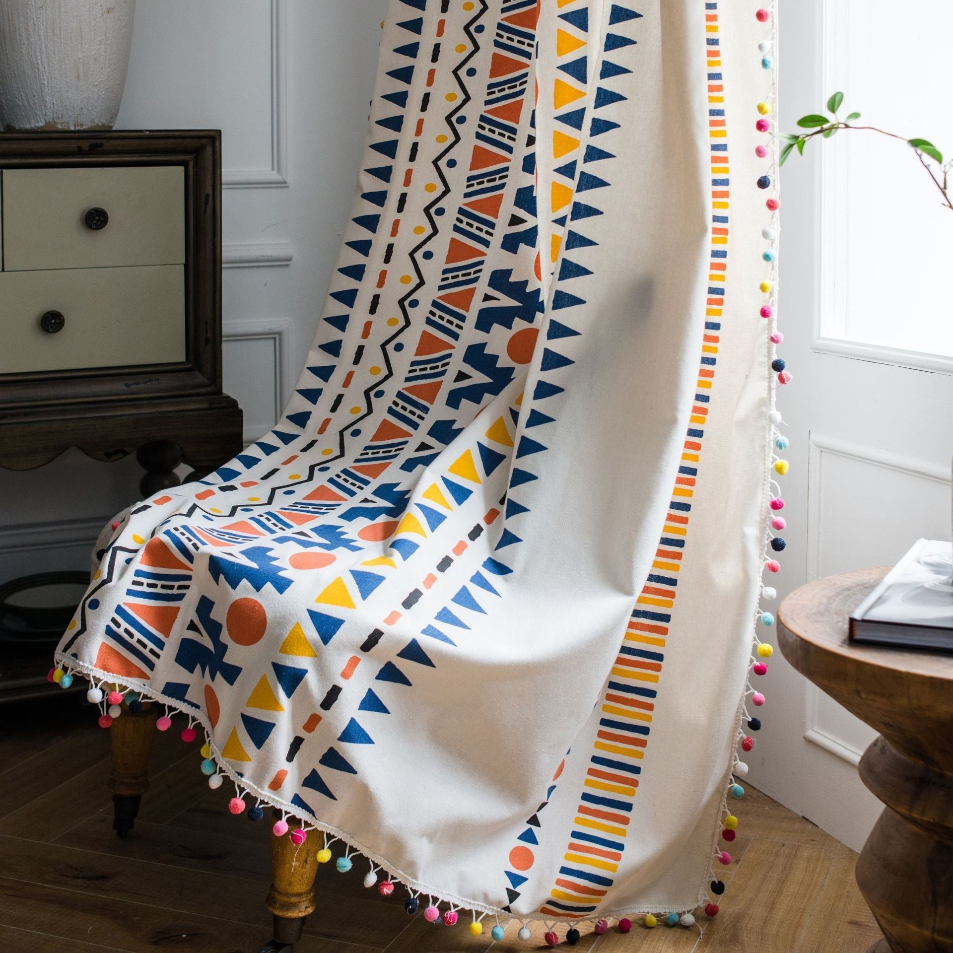 KTX-071635 Colorful Cotton and Linen Bohemian Style Printed Curtain with Geometric Fur Balls