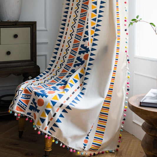 KTX-071635 Colorful Cotton and Linen Bohemian Style Printed Curtain with Geometric Fur Balls