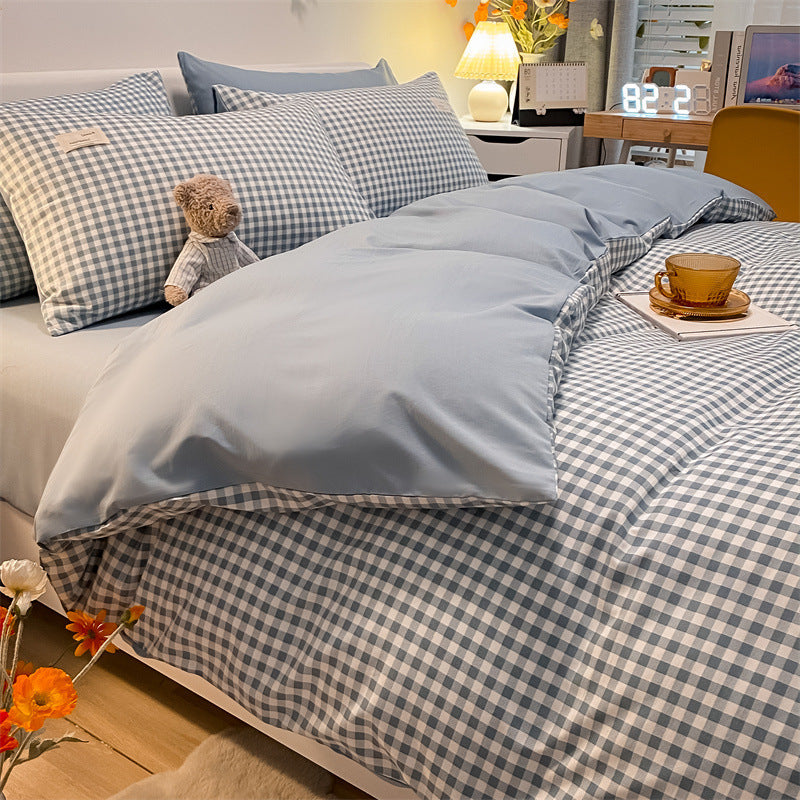 KTX-073555 Cotton Plaid Striped 4-Piece Bedding Set with Duvet Cover, Sheet, and Pillowcases