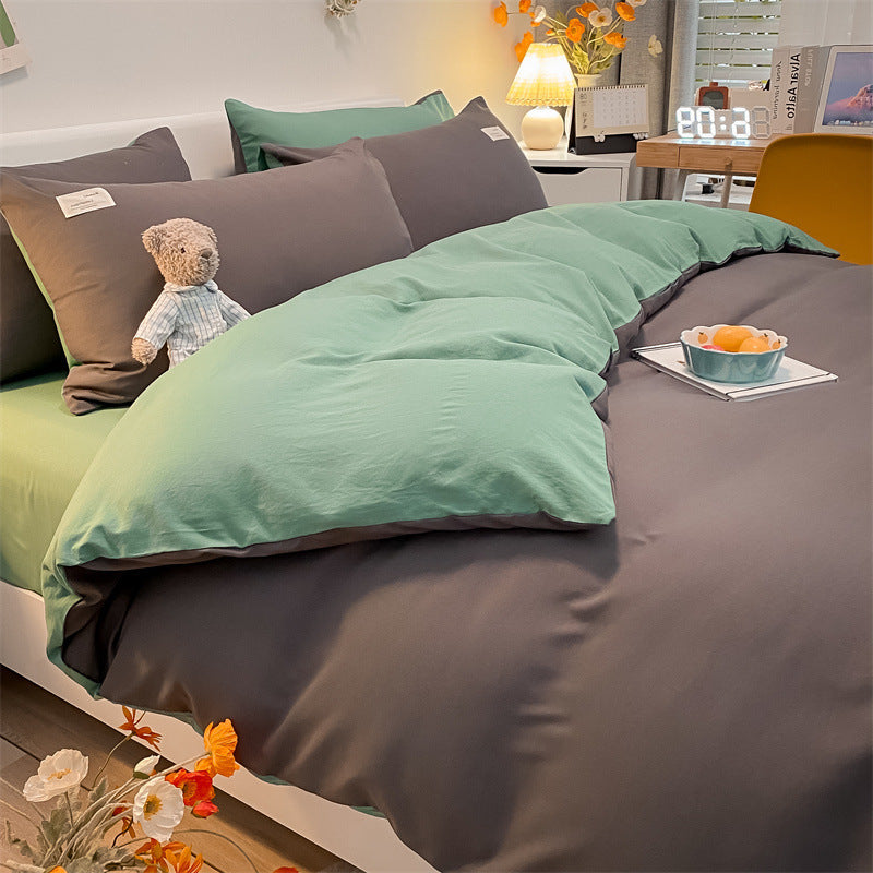 KTX-073555 Cotton Plaid Striped 4-Piece Bedding Set with Duvet Cover, Sheet, and Pillowcases