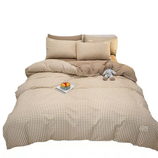 KTX-073555 Cotton Plaid Striped 4-Piece Bedding Set with Duvet Cover, Sheet, and Pillowcases