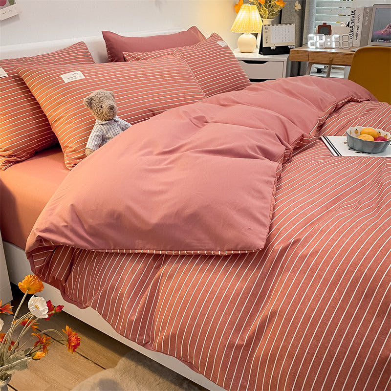 KTX-073555 Cotton Plaid Striped 4-Piece Bedding Set with Duvet Cover, Sheet, and Pillowcases
