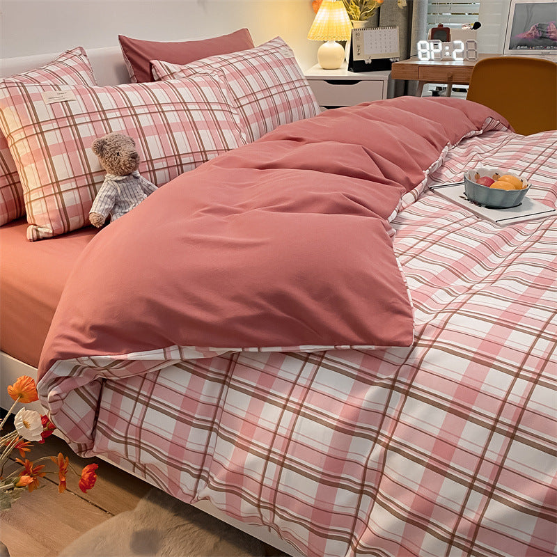 KTX-073555 Cotton Plaid Striped 4-Piece Bedding Set with Duvet Cover, Sheet, and Pillowcases