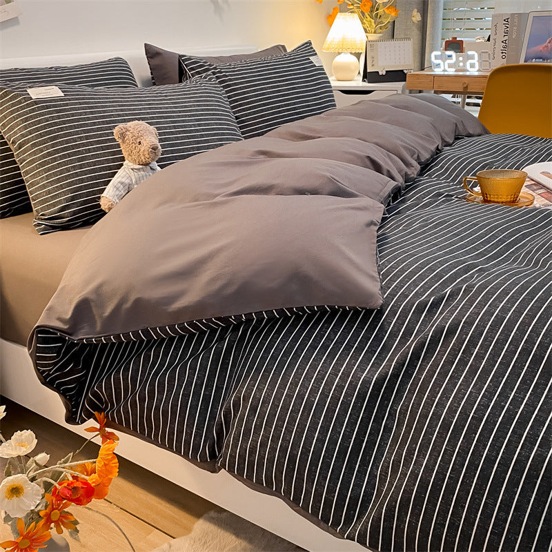 KTX-073555 Cotton Plaid Striped 4-Piece Bedding Set with Duvet Cover, Sheet, and Pillowcases