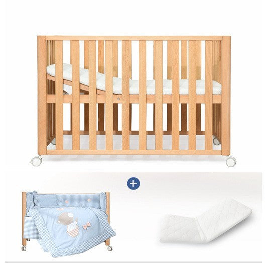 KTX-074195 Movable Beech Solid Wood Multi-Functional Crib with Mattress and Accessories