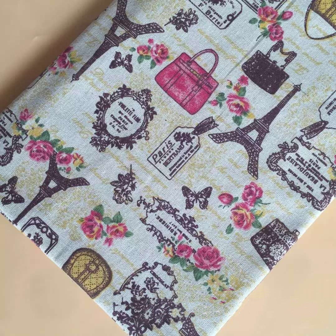 KTX-076371 Cotton Linen Calico Fabric with Chinese Calligraphy - Versatile for Luggage, Curtains, and Home Decor