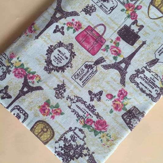 KTX-076371 Cotton Linen Calico Fabric with Chinese Calligraphy - Versatile for Luggage, Curtains, and Home Decor