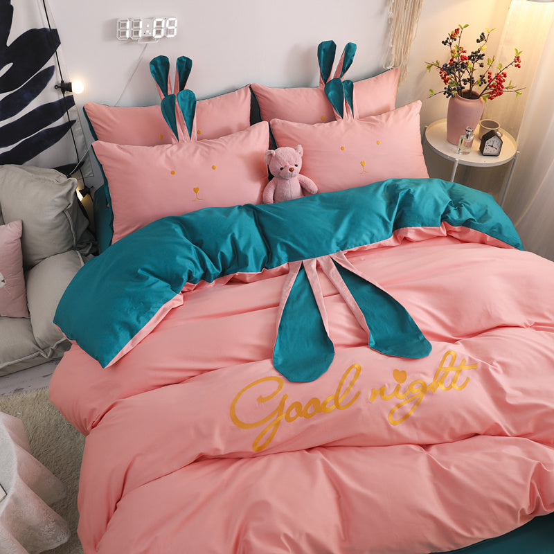 KTX-077523 Cute Rabbit & Bear Four-Piece Pure Cotton Bedding Set in Multiple Colors