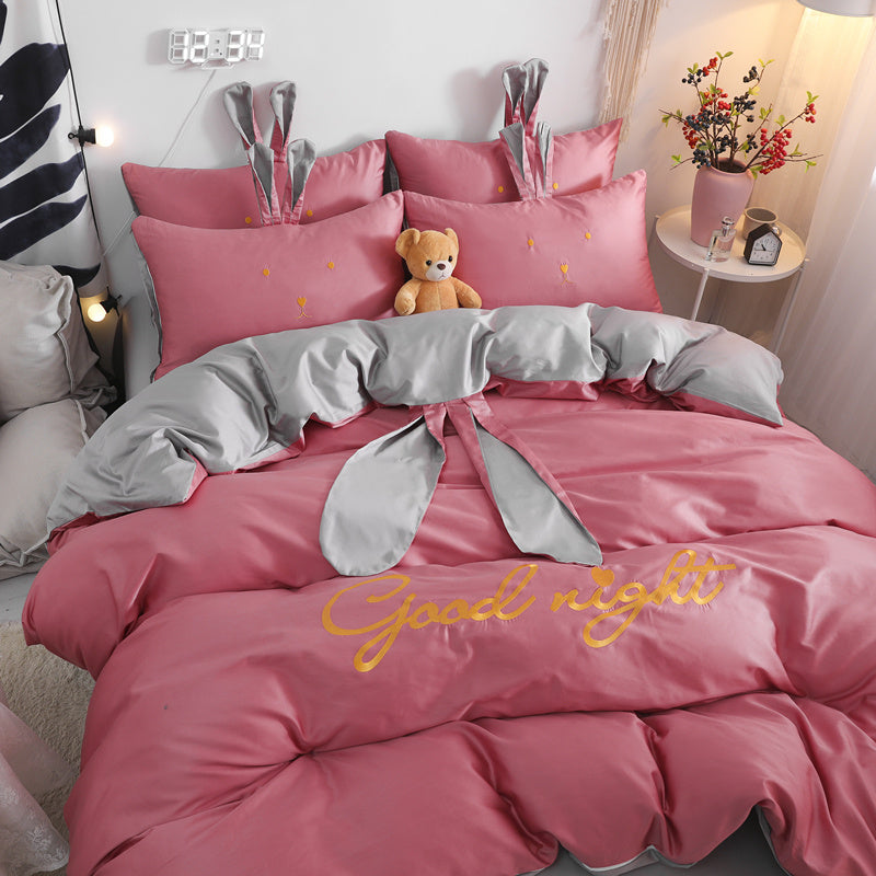 KTX-077523 Cute Rabbit & Bear Four-Piece Pure Cotton Bedding Set in Multiple Colors
