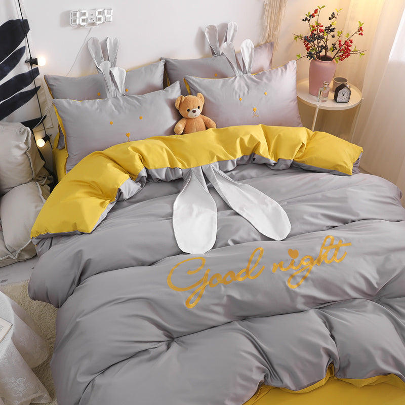KTX-077523 Cute Rabbit & Bear Four-Piece Pure Cotton Bedding Set in Multiple Colors