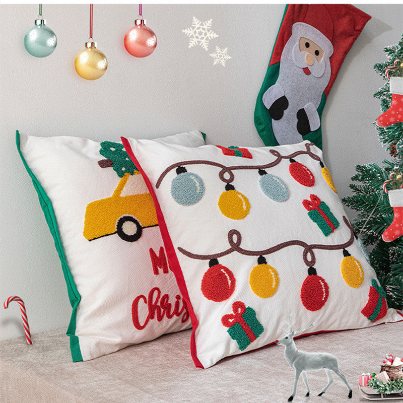 KTX-078163 Christmas Themed Embroidered Cotton Pillowcase - Lantern & Santa Claus Design, 45x45cm