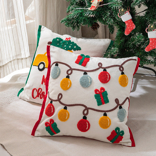 KTX-078163 Christmas Themed Embroidered Cotton Pillowcase - Lantern & Santa Claus Design, 45x45cm