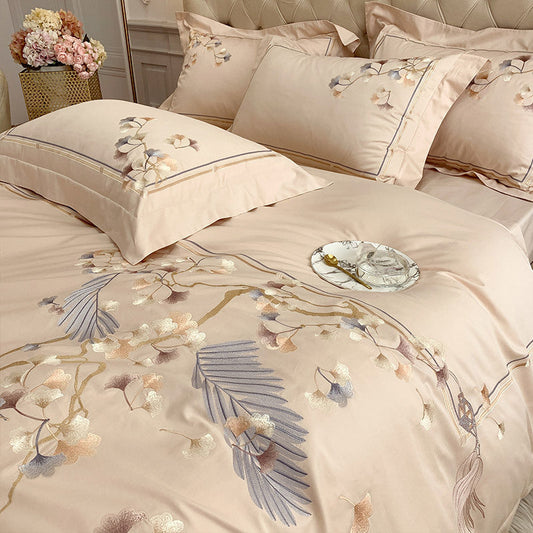 KTX-078675 Chinese Style 100% Long Staple Cotton Floral Embroidered Four-Piece Bedding Set
