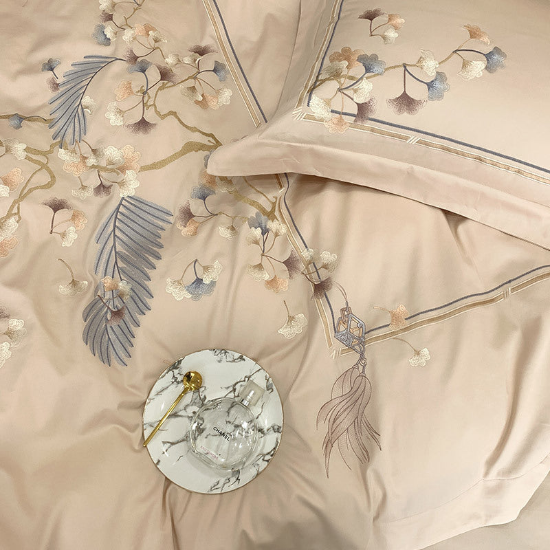 KTX-078675 Chinese Style 100% Long Staple Cotton Floral Embroidered Four-Piece Bedding Set