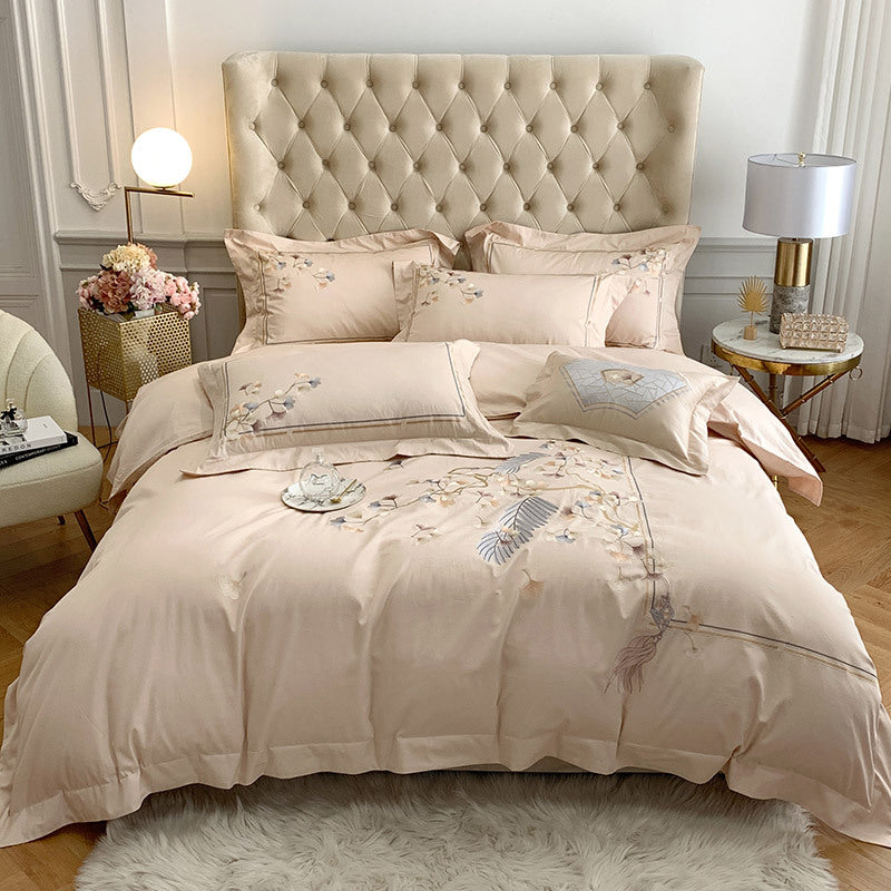 KTX-078675 Chinese Style 100% Long Staple Cotton Floral Embroidered Four-Piece Bedding Set
