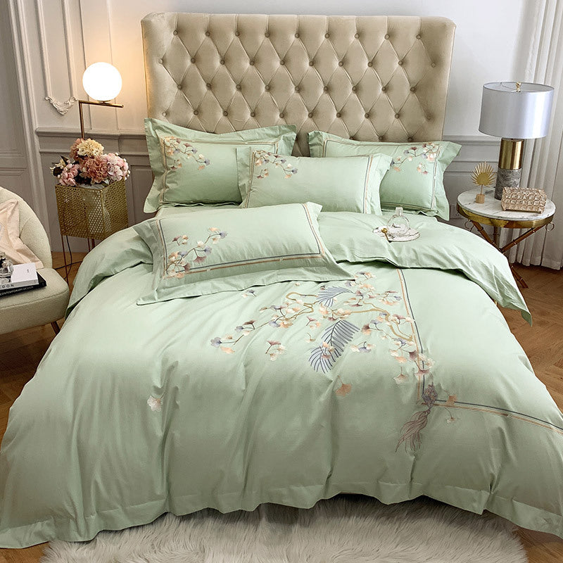 KTX-078675 Chinese Style 100% Long Staple Cotton Floral Embroidered Four-Piece Bedding Set