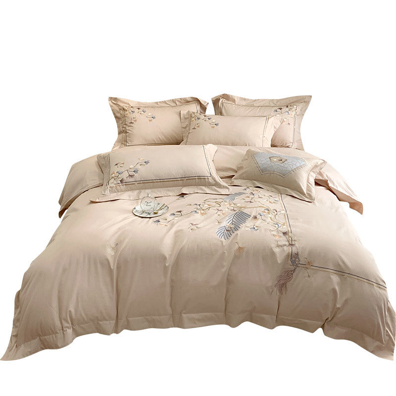 KTX-078675 Chinese Style 100% Long Staple Cotton Floral Embroidered Four-Piece Bedding Set