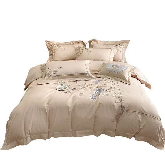 KTX-078675 Chinese Style 100% Long Staple Cotton Floral Embroidered Four-Piece Bedding Set