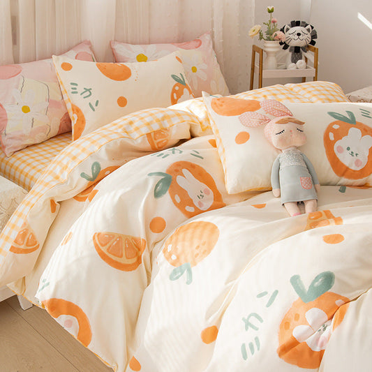 KTX-079315 Pure Cotton Four-Piece Cartoon Bedding Set with Vibrant Patterns and Sizes for All Bed Types