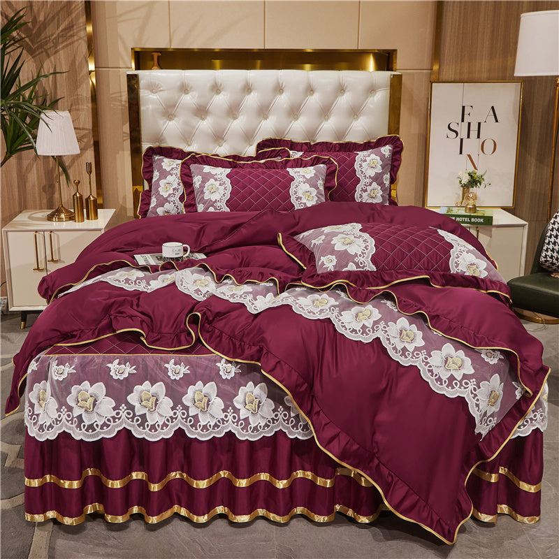KTX-079827 Princess Style Lace Bed Skirt Tencel Four-Piece Bedding Set in Multiple Colors