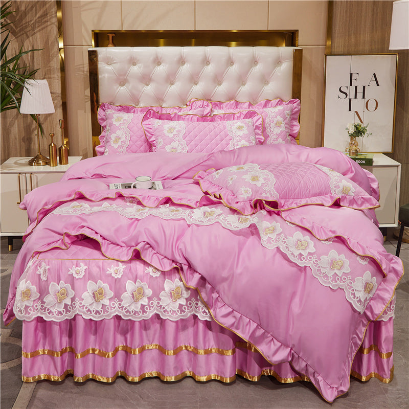 KTX-079827 Princess Style Lace Bed Skirt Tencel Four-Piece Bedding Set in Multiple Colors