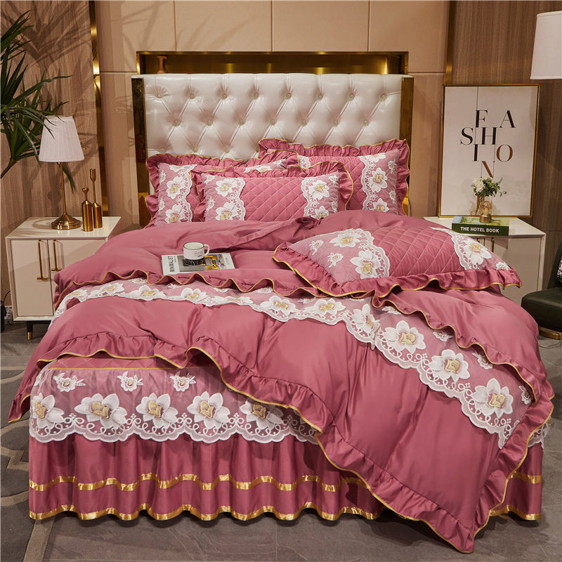 KTX-079827 Princess Style Lace Bed Skirt Tencel Four-Piece Bedding Set in Multiple Colors
