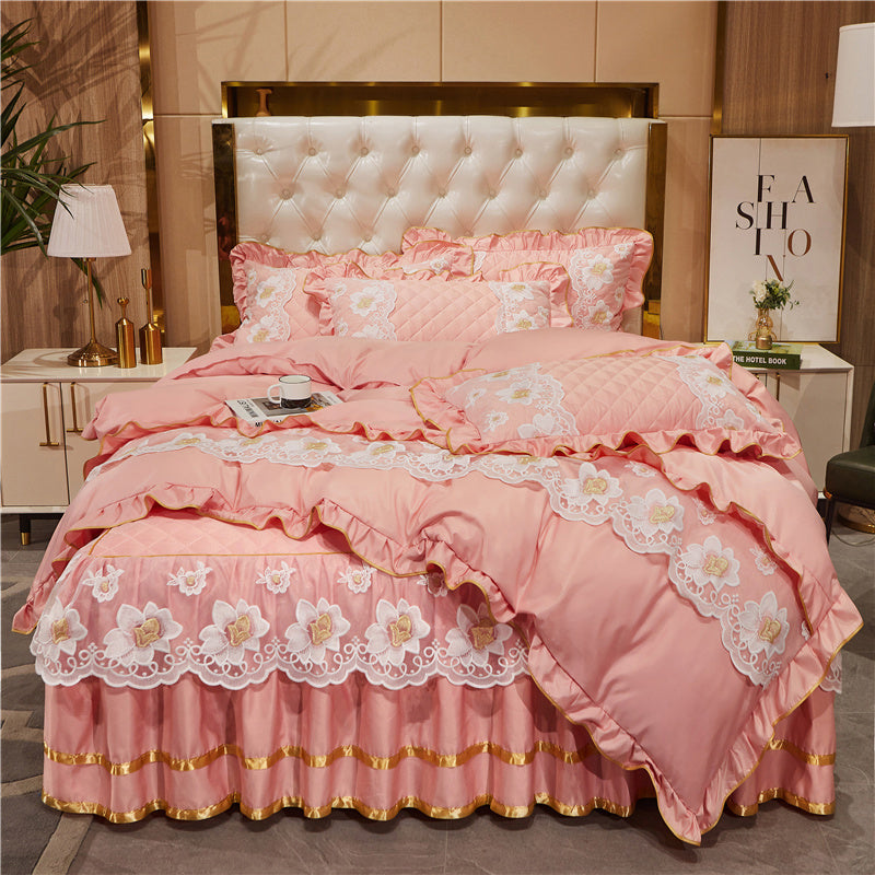 KTX-079827 Princess Style Lace Bed Skirt Tencel Four-Piece Bedding Set in Multiple Colors