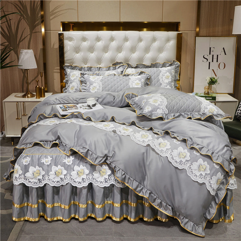 KTX-079827 Princess Style Lace Bed Skirt Tencel Four-Piece Bedding Set in Multiple Colors