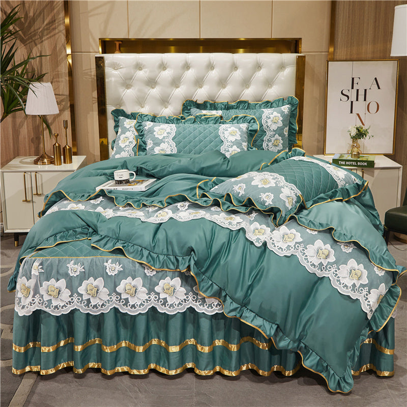 KTX-079827 Princess Style Lace Bed Skirt Tencel Four-Piece Bedding Set in Multiple Colors