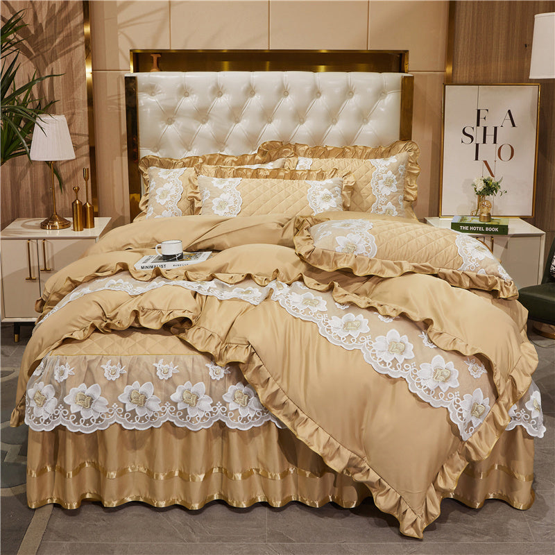 KTX-079827 Princess Style Lace Bed Skirt Tencel Four-Piece Bedding Set in Multiple Colors