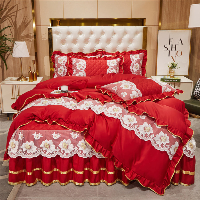 KTX-079827 Princess Style Lace Bed Skirt Tencel Four-Piece Bedding Set in Multiple Colors