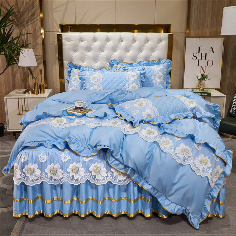 KTX-079827 Princess Style Lace Bed Skirt Tencel Four-Piece Bedding Set in Multiple Colors