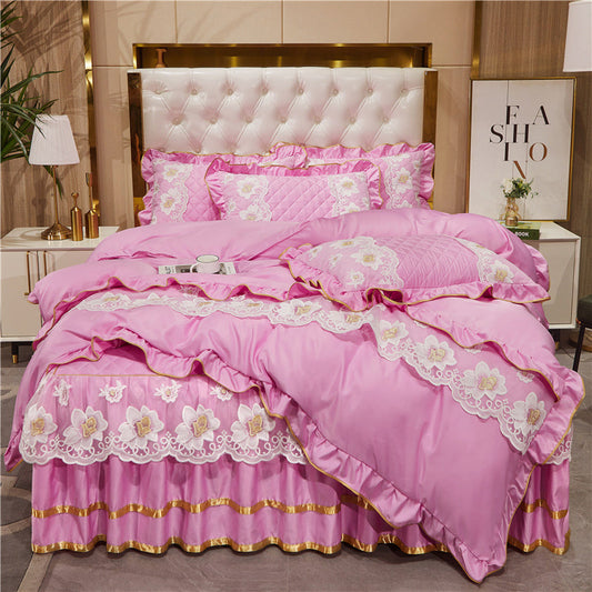 KTX-079827 Princess Style Lace Bed Skirt Tencel Four-Piece Bedding Set in Multiple Colors
