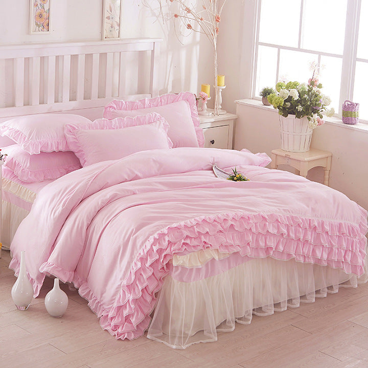 KTX-080147 Solid Color Lace Bedspread Set with Bed Skirt and Pillowcases in Multiple Colors