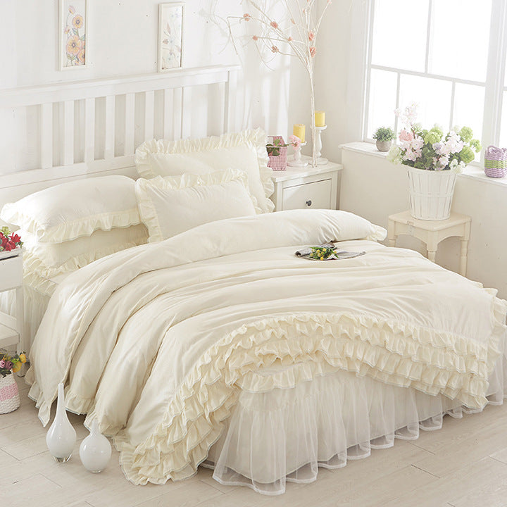KTX-080147 Solid Color Lace Bedspread Set with Bed Skirt and Pillowcases in Multiple Colors