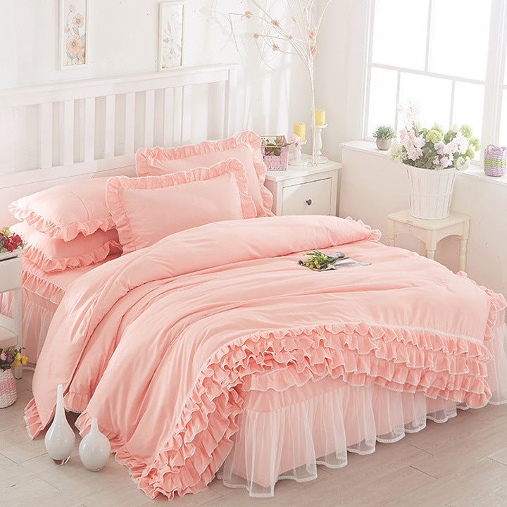 KTX-080147 Solid Color Lace Bedspread Set with Bed Skirt and Pillowcases in Multiple Colors