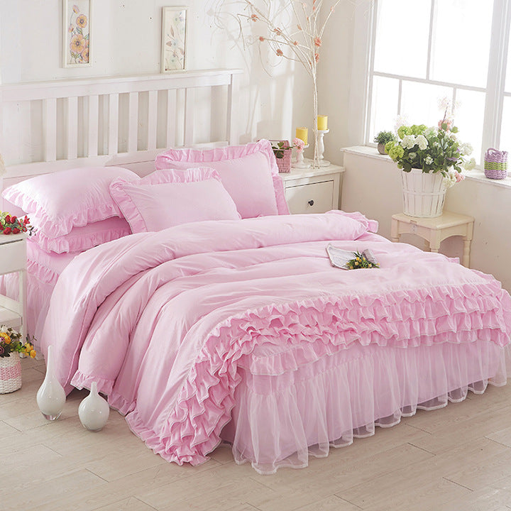 KTX-080147 Solid Color Lace Bedspread Set with Bed Skirt and Pillowcases in Multiple Colors