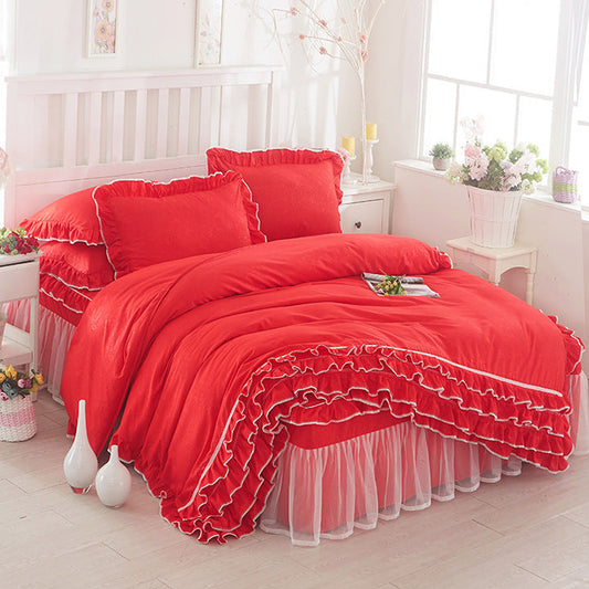 KTX-080147 Solid Color Lace Bedspread Set with Bed Skirt and Pillowcases in Multiple Colors