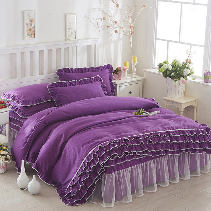 KTX-080147 Solid Color Lace Bedspread Set with Bed Skirt and Pillowcases in Multiple Colors