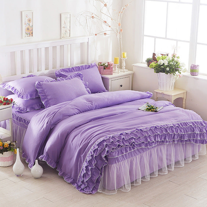 KTX-080147 Solid Color Lace Bedspread Set with Bed Skirt and Pillowcases in Multiple Colors