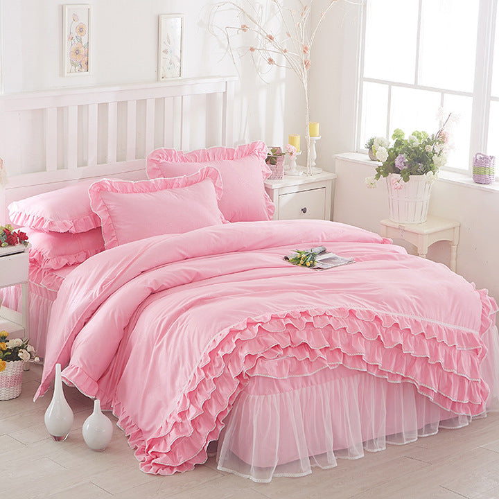 KTX-080147 Solid Color Lace Bedspread Set with Bed Skirt and Pillowcases in Multiple Colors