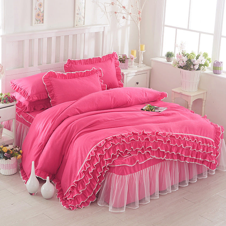 KTX-080147 Solid Color Lace Bedspread Set with Bed Skirt and Pillowcases in Multiple Colors